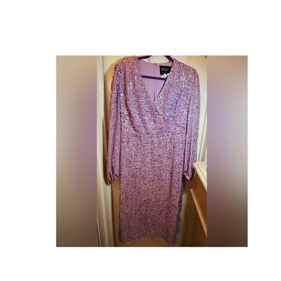 Mac Duggal Lavender Illusion Puff Sleeve V Neck Midi Dress Size 12 New NWT - Picture 4 of 9
